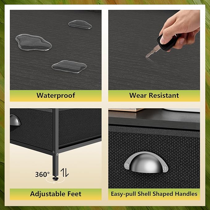 Night Stand with 2 Fabric Drawer and Sturdy Metal Frame, Lightweight & Durable -55LB Load Capacity, Wear-Resistant & Easy-Clean Surface,Rustic Black Modern