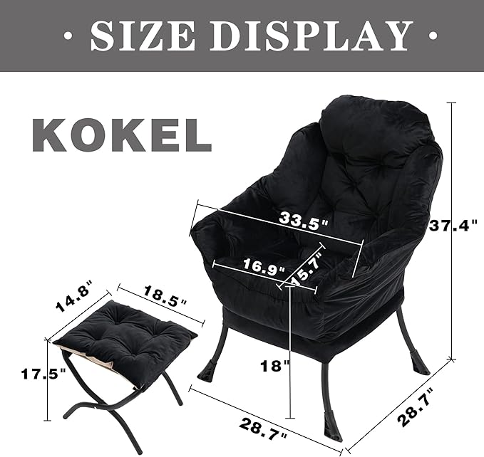 Kokel Lazy Chair with Folding Ottoman,Living Room Chairs, Accent Contemporary Lounge Chair, Single Steel Frame Leisure Sofa Chair with Armrests and A Side Pocket (Black)