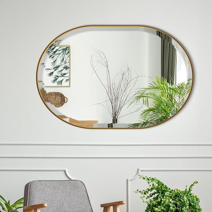 POZINO Modern Oval Beveled Mirror, 24"x36" Brushed Gold Bathroom Vanity Mirror Over Sink, Pill Shaped Capsule Wall Mounted Mirrors for Living Room Bedroom Entryway, Hangs Vertically or Horizontally