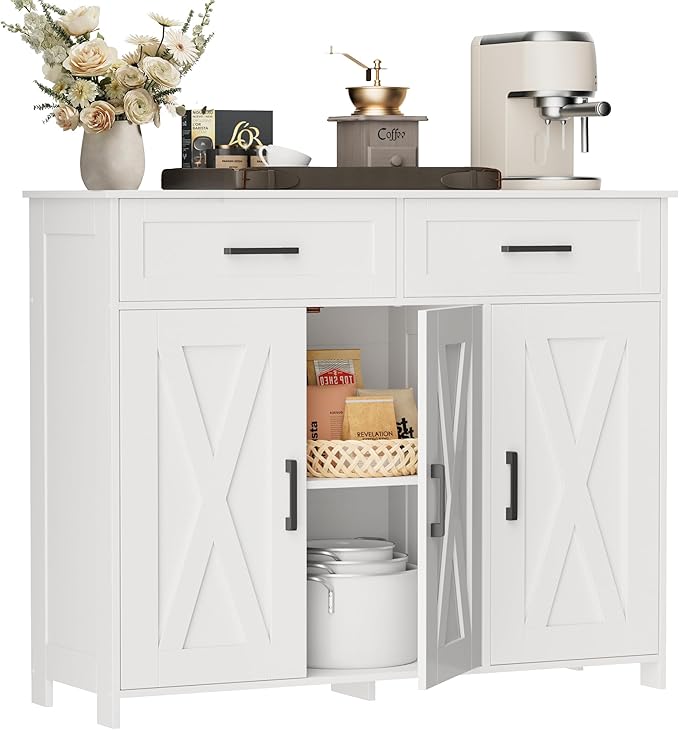 Homhedy Sideboard Buffet Cabinet, Coffee Bar Storage Cabinet with Drawers and Doors, Farmhouse Kitchen Cabinet with Adjustable Shelves, for Kitchen, Dining Room, Living Room, White