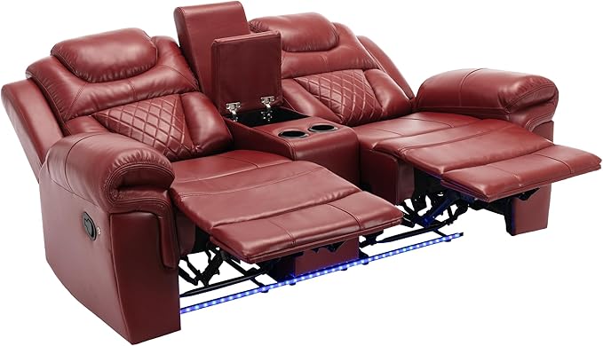 ERYE 73-Inch Oversized Manual Reclining Sofa with LED Strip and Cupholders for Living Room Home Theater, Multifunctional Faux Leather Loveseat Manual Recliner Couches | Storage Console, Cup Holder, LED Light Strips