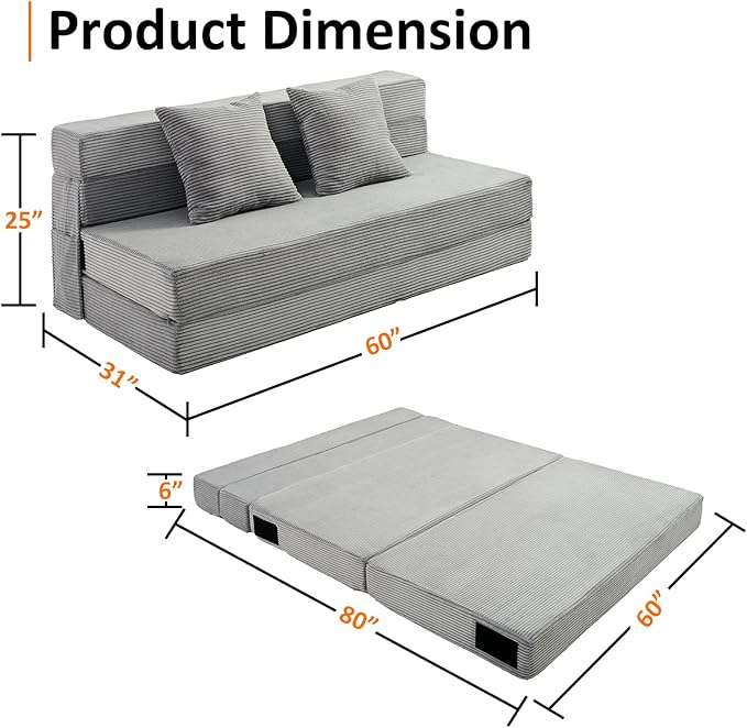 JKMAX Queen Size Folding Sofa Bed - 4 in 1 Convertible Sleeper Chair with Two Pillows - High Density Memory Foam Futon Couch - Foldable Bed for Living Room Bedroom (Dark Grey)