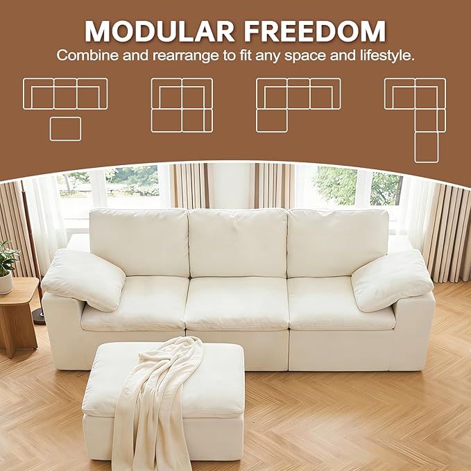 HonTop 110" L Shaped Modern Sofa Boneless Modular Sectional Cloud Couch with Ottoman, 4-Seat Chenille Deep Seat Sofa for Living Room, Bedroom and Apartment, No Assembly, Beige | No Assembly Required, 30" Deep Seat, Family Pet-Friendly, Flexible Modular...