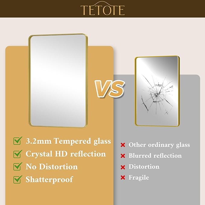 TETOTE Brushed Gold Bathroom Mirror 24 x 32 Gold Metal Framed Bathroom Mirror, Tempered Glass, Modern Farmhouse Wall Mounted Mirror for Decorative(Horizontal/Vertical)