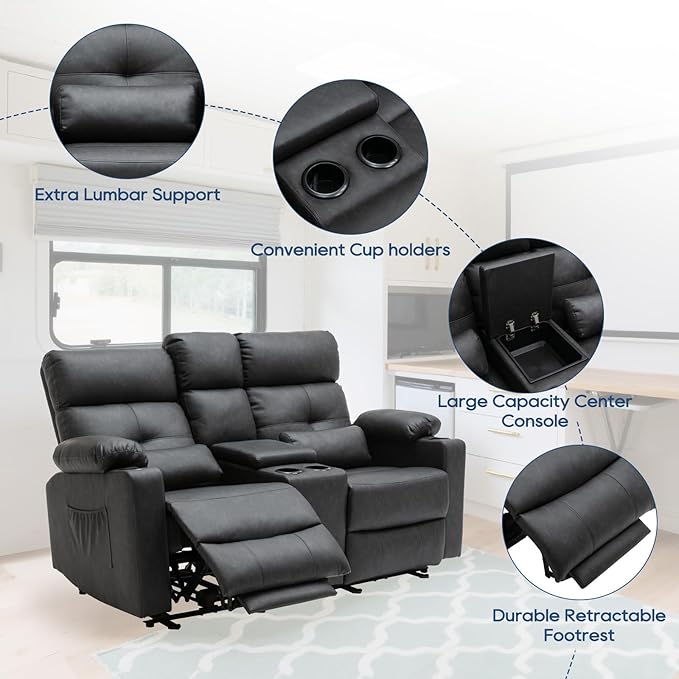 68'' RV Power Loveseat Recliner Sofa with Heat and Massage| RV Loveseat Recliner with Console| Double Reclining Couch with Cup Holder (PU, Black-Gray) | Double Seat, Electric Recliner