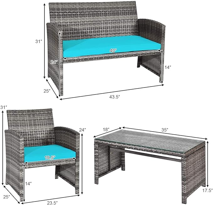 DORTALA 4 Piece Patio Furniture Set, Outdoor Wicker Conversation Set with Soft Cushions & Tempered Glass Coffee Table, Rattan Patio Sofa Bistro Sets for Courtyard Balcony, Turquoise