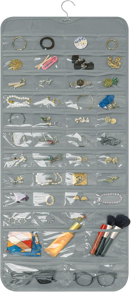 Bloss Hanging Jewelry Organizer With 90 Pockets,Earring Holder Organizer Storage For Valentine's Day Gift,Double-Sided Jewelry Holder for Earrings, Necklaces, Rings on Closet,Wall,Door(Grey)