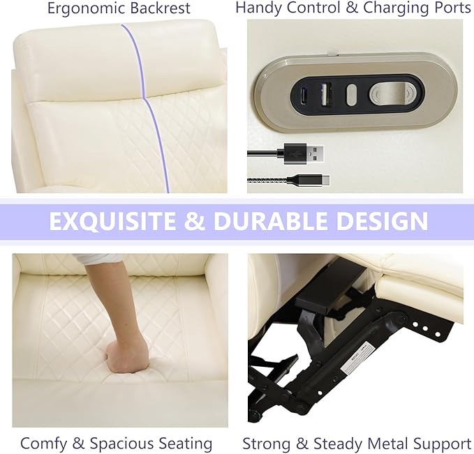 Power Leather Recliner Sofa Chair, Living Room Furniture Sets, Breathing Leather Reclining Couch Chair, Single Recliner with Padded Arm/Charging Port/LED for Home Theater/Office, Cream White