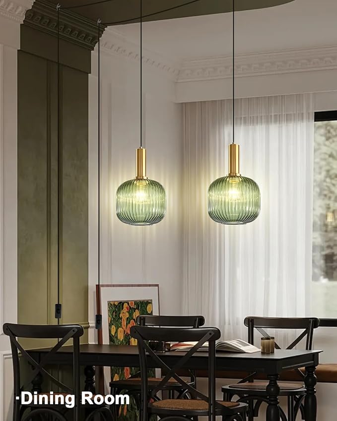 Plug in Pendant Light Green Glass Hanging Lights with Plug in Cord Vintage Gold Hanging Pendant Light Mid Century Modern Ceiling Hanging Lamp for Kitchen Island Dining Room Living Room Bedroom
