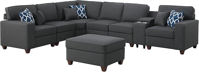 YOPTO 127" L-Shaped Sectional Couch with Movable Ottoman & 6 Throw Pillows,7 Seat Chenille Upholstered Sofa W/2 Cup Holders,USB Port & Hidden Storage Box,DIY Combination,for Living Room,Apartment,Gray