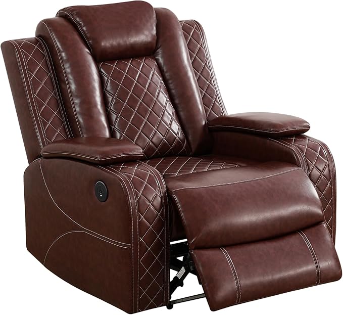 Breathing Leather Power Reclining Chair, Leather Reclining Sofa Couch Chair for Living Room, Single Recliner with USB Ports/LED Lighting for Bedroom/Office/Home Theater (Auburn, Recliner Chair)