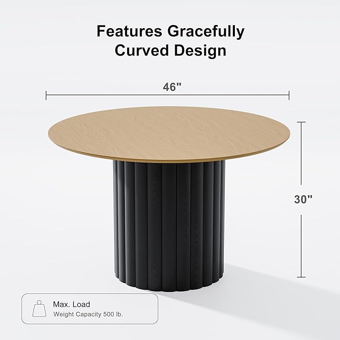Casaphoria 46 inch Round Dining Table for 4, Wood Top with Black Cylinder Pedestal Base, Modern Farmhouse Style Kitchen Table