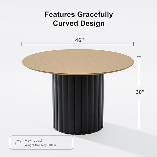 Casaphoria 46 inch Round Dining Table for 4, Wood Top with Black Cylinder Pedestal Base, Modern Farmhouse Style Kitchen Table