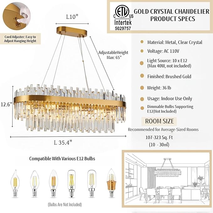 Gold Crystal Chandelier for Dining Room, 35.4" Modern Luxury 2-Tier K9 Crystal Oval Chandelier, 10-Light E12 Base Pendant Light, Height Adjustable for Kitchen Island Living Room Light Fixture