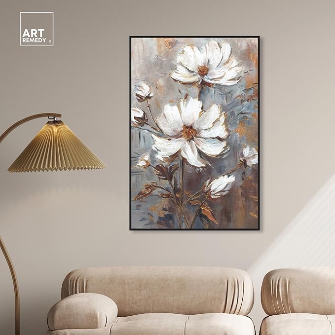Art Remedy White Textured Flowers Canvas Elegant Floral Wall Art, Black Frame, 30" x 45"