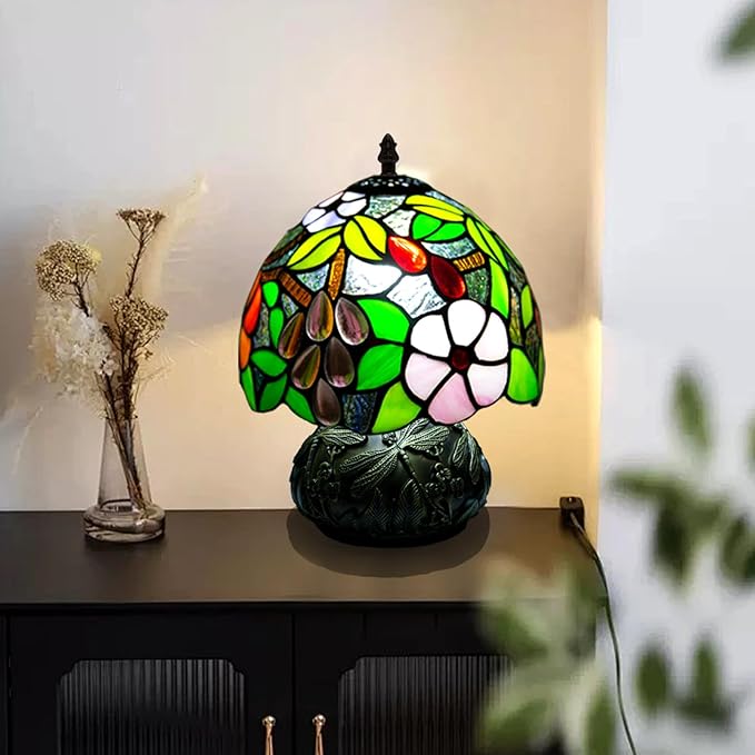 JHuiLap Small Tiffany Stained Glass Lamp, 3 Color Temperatures Bedside Lamp, 8 Inch Mushroom Desk Light for Bedroom Living Room Office Home Decor (Grape Pattern)