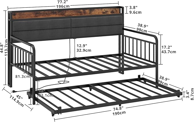LIKIMIO Daybed with Trundle, Sturdy Metal Twin Bed Frame with Upholstered Headboard and Charging Station for Living Room, Bedroom and Guest Room, Black