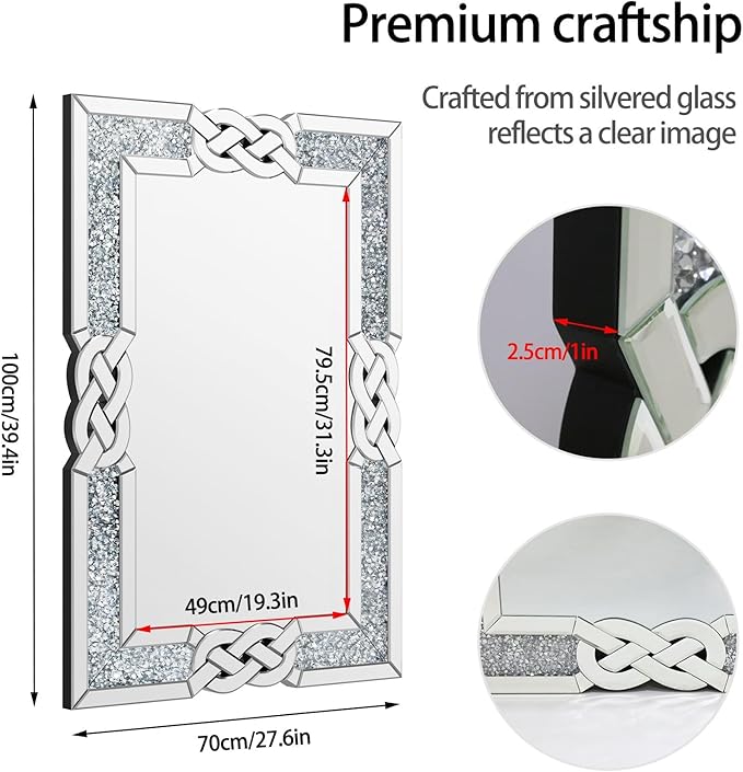 Crushed Diamond Mirror Silver Vanity Rectangular Wall Decor 40x28 inch