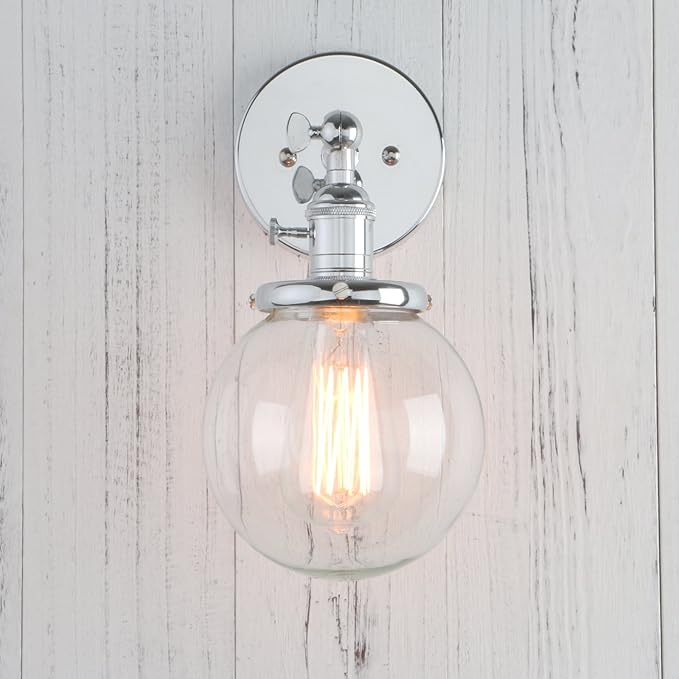 PERMO Vintage Industrial Wall Sconce Lighting Fixture with Mini 5.9" Round Clear Glass Globe Hand Blown Shade (Chrome)