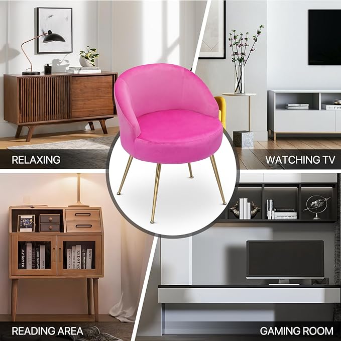 MoNiBloom Upholstered Velvet Accent Chair Girl's Pink Vanity Chair, Mid-Century Modern Barrel Chair w/Golden Metal Legs, Retro Leisure Reading Comfy Lounge Chair for Living Room Bedroom
