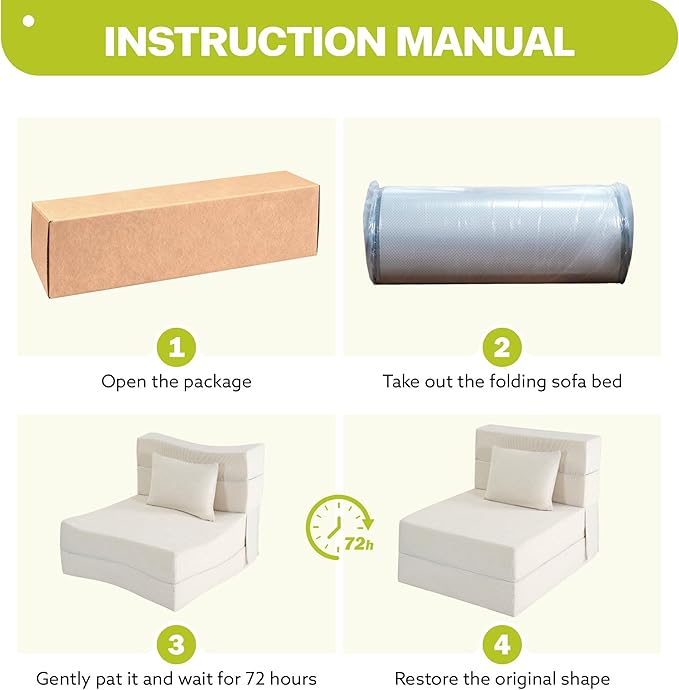 Fvkind Folding Sofa Bed, 4 in 1 Convertible Fold Out Single Chair Bed with Pillow, Memory Foam Futon Chair, Foldable Futon Couch, Foldable Sofa Mattress for Living Room, Bedroom, Guest Room, Beige