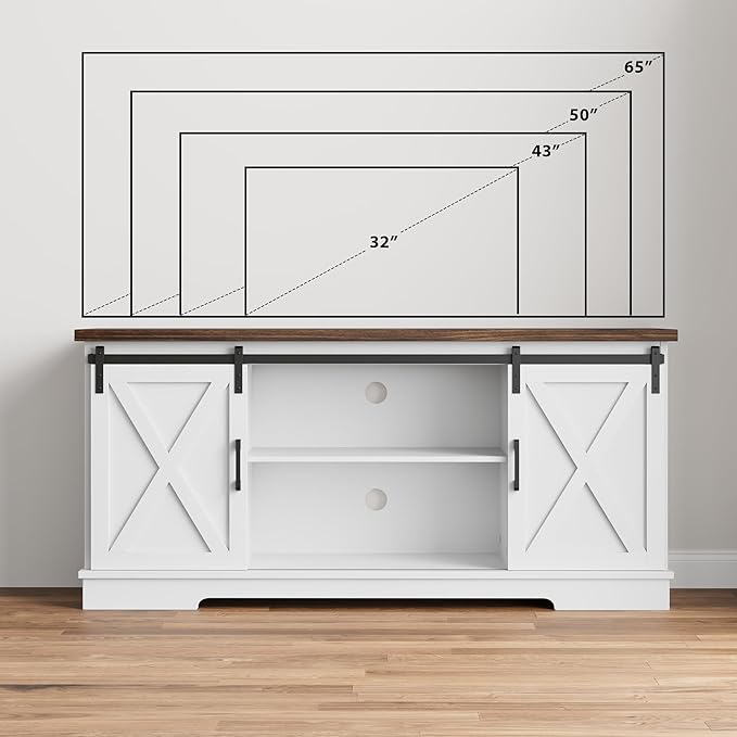 GarveeHome Farmhouse Tv Stand for 65 in TVs, Entertainment Center with Sliding Barn Doors and Adjustable Shelf, Modern Media TV Console TV Stand Table for Living Room, Bedroom, White