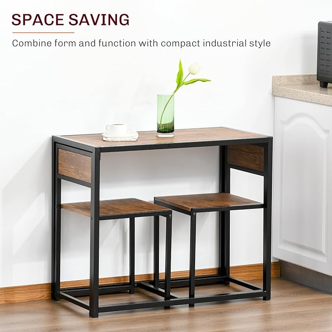 HOMCOM 3-Piece Industrial Dining Table Set for 2, Kitchen Table and Chairs, Dining Room Sets for Small Spaces, Rustic Brown