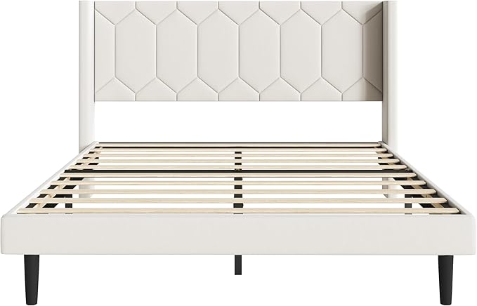 Full Size Bed Frame with Velvet Upholstered Headboard, Platform Bed Frame No Box Spring Needed, Modern Bedframe with Strong Wooden Slats, Beige