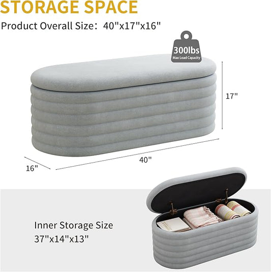 Ball & Cast Storage Ottoman Bench, 40" Chenille Upholstered Storage Bench for Bedroom End of Bed,Oval Ottoman with Storage,Entryway Bench with Safty Hinges for Living Room,Light Grey