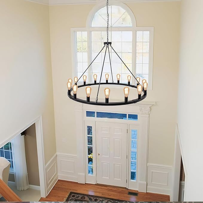 16-Light 48" Large Wagon Wheel Chandelier,Farmhouse Chandelier, Rustic Vintage Black Round Pendant Light Fixtures for Kitchen Island Dining Living Room Foyer Entryway