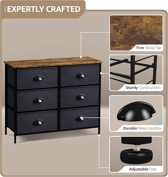 Sorbus Dresser with 6 Fabric Drawers - Bedroom Furniture Storage Chest Tower Unit for Bedroom, Hallway, Closet, Office Organization - Steel Frame, Rustic Wood Top, Easy Pull Fabric Bins