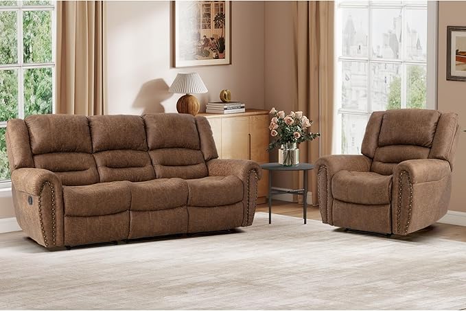 EBELLO Manual Recliner Sofa Set, Faux Leather Fabric Reclining Living Room Set, Included Single Recliner Chair and 3 Seat Manual Sofa, Brown