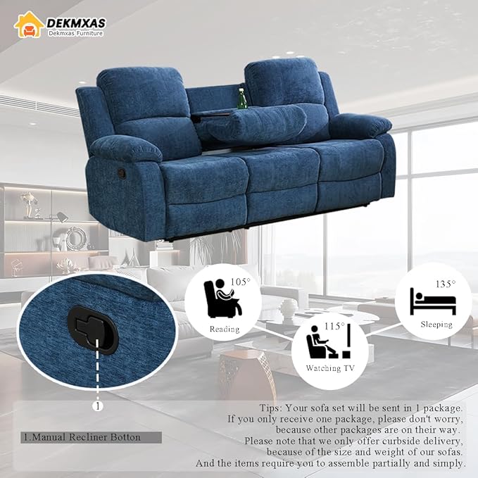 3 Seater Recliner Sofa Couch Modern Manual Reclining Sofa Fabric Reclining Sofa Living Room Couch with Dual Cup Holders and Drop Down Table for Living Room/Office/Rv Car (Blue, 3 Seater Sofa)