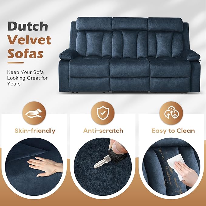 Power Reclining Sofa with Heat and Massage, Electric Reclining Couch with Drop Down Table,Cup Holders, Dual Ports, Wall Hugger Recliner Sofa for Living Room,Home Theater (Blue, Sofa)