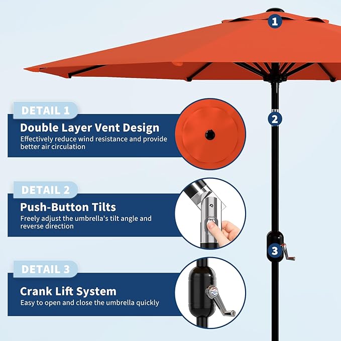 Garvee 9FT Patio Umbrella - Outdoor Table Umbrella with Crank Lift & Push Button Tilt - Market Umbrella 8 Sturdy Ribs UV Protection for Pool, Deck, Yard, Garden - Orange
