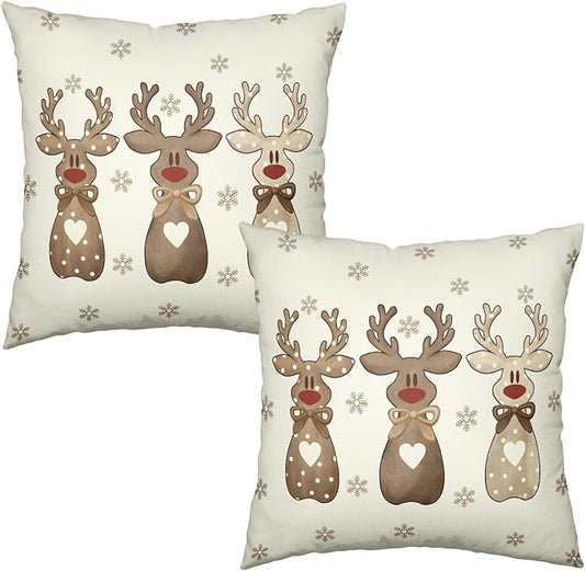 Christmas Reindeer Snowflakes Pillow Covers 18x18 Set of 2 Xmas Polka Dot Love Heart Bow Brown Elk Deer Throw Pillows Cute Winter Holiday Farmhouse Outdoor Cushion Cases for Sofa Couch