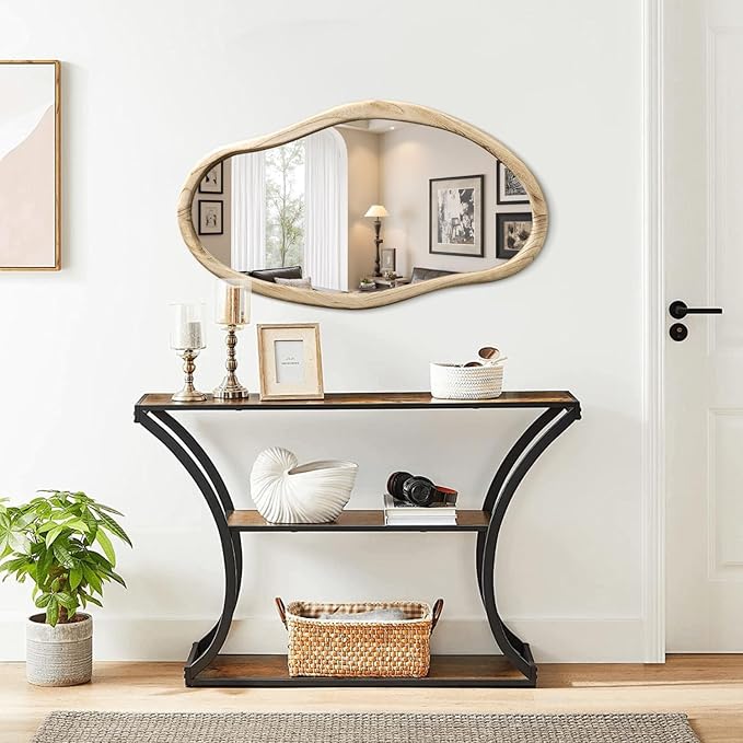 JJUUYOU Irregular Mirrors for Wall Asymmetrical Bathroom Mirror 30"x18" Wall Mounted Mirrors Horizontal or Vertical Hanging Wall Mirrors for Makeup Bathroom Bedroom Living Room Wood