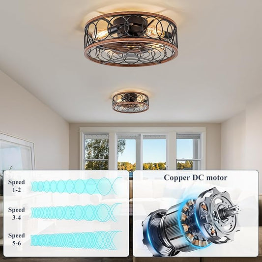 NORFOLK Farmhouse Ceiling Fans with Lights and Remote, 20'' Low Profile Caged Lighting with Bladeless Fan, Rustic Flush Mount with E26 Bulb Base for Bedroom, Living Room, Patios