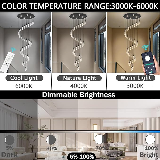 46-Lights 19 Feet Large Modern Chandelier LED Light Fixtures High Ceiling Long Light Chandelier for Entrance Foyer Dimmable Lights with Remote Living Room Ceiling Pendant Lighting Black