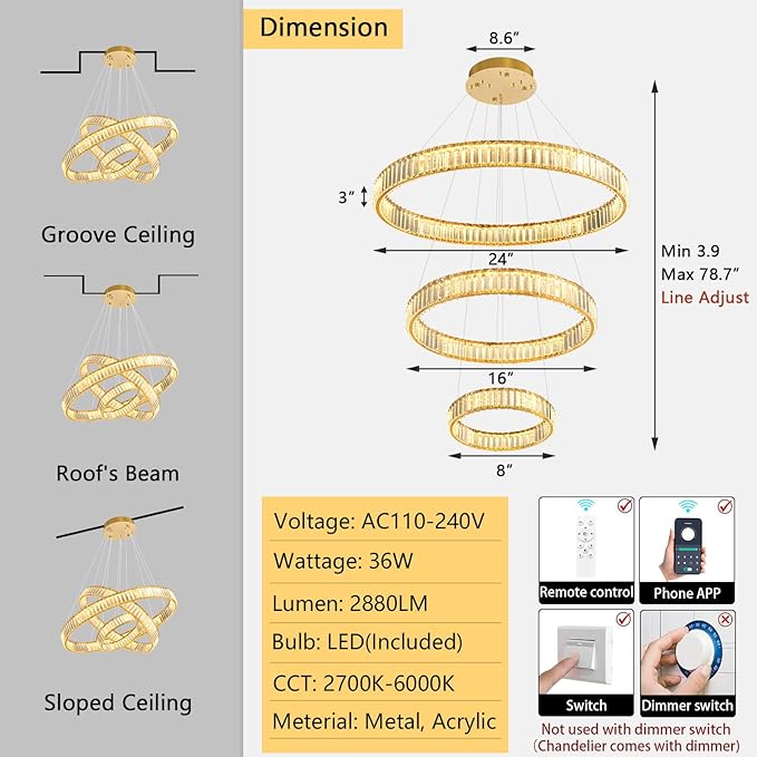 8''+16''+24'' Modern Ring Chandelier Crystal Chandeliers for Dining Room Round LED Dimmable Ceiling Light Fixture for Living Room Bedroom Lighting Gold