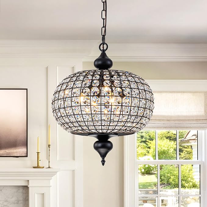 Vintage Crystal Chandeliers for Dining Room, 16.4" Farmhouse Black Dining Room Light Fixture with Gold Accents Foyer Chandelier for High Ceiling Living Room Kitchen Entryway
