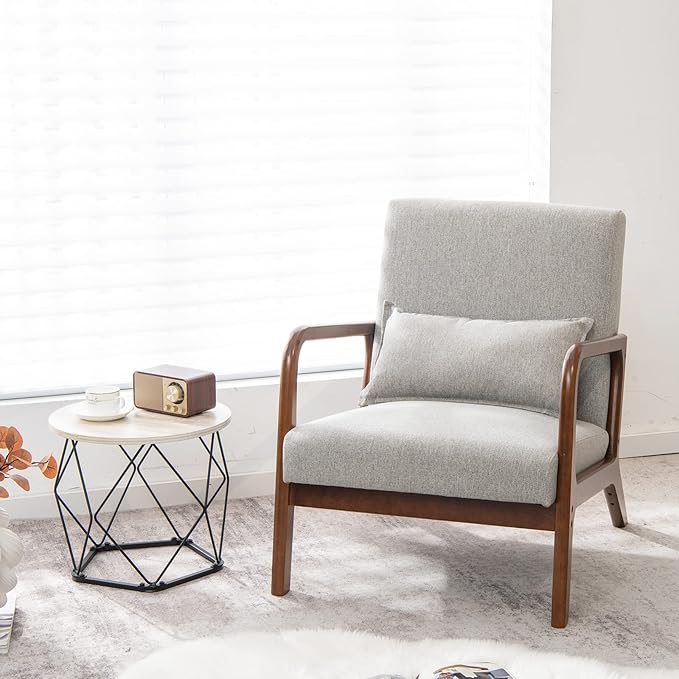 Giantex Modern Accent Chair with Pillow - Comfy Upholstered Lounge Armchair with Anti-Slip Felt Pads, Wooden Frame Soft Padded Arm Chairs for Living Room, Bedroom, Study, Grey