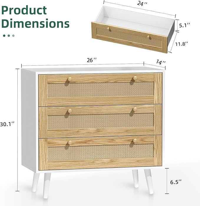 3 Drawer Rattan Dresser for Bedroom, Modern Wooden Dresser Chest with Handles for Bedroom, Hallway and Living Room, White