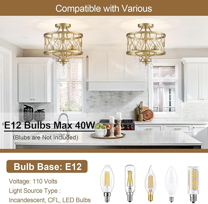 Farmhouse Crystal Ceiling Light Fixture, 3-Light Semi Flush Mount Crystal Chandelier Light Fixture Rustic Vintage Gold Pendant Ceiling Lamp for Hallway Corridor Kitchen Entryway Bedroom Living Room