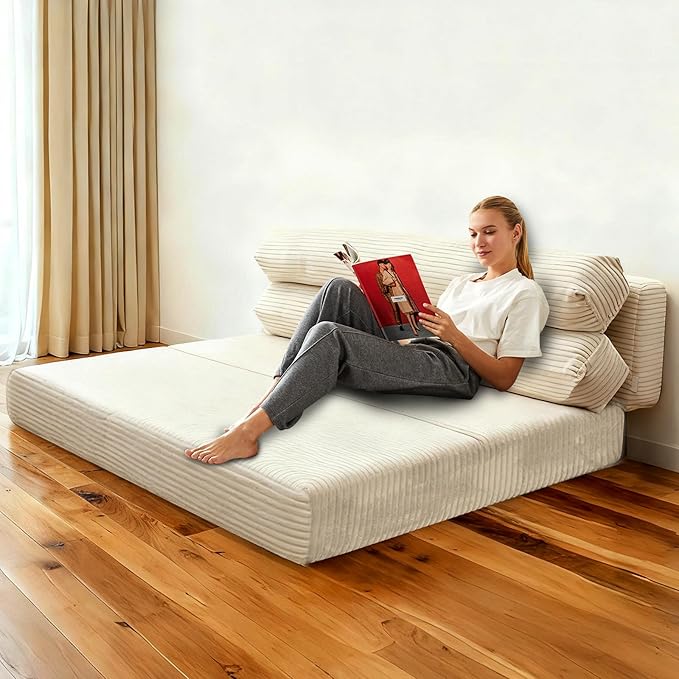 Convertible Sofa Bed, Folding Sofa Bed Couch, Pallout Floor Couch, Convertible Futon Chair Beds, Floor Teddy Sofas, Mini Couch for Bedroom, Love Seat Sleeper Beds(Beige White, 51.1"×59.8"×23.6")
