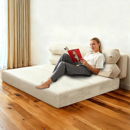 Convertible Sofa Bed, Folding Sofa Bed Couch, Pallout Floor Couch, Convertible Futon Chair Beds, Floor Teddy Sofas, Mini Couch for Bedroom, Love Seat Sleeper Beds(Beige White, 51.1"×59.8"×23.6")