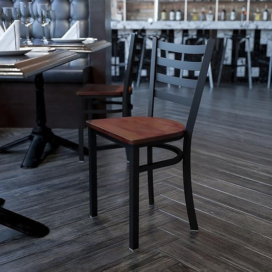 Flash Furniture HERCULES Series Black Ladder Back Metal Restaurant Chair - Cherry Wood Seat