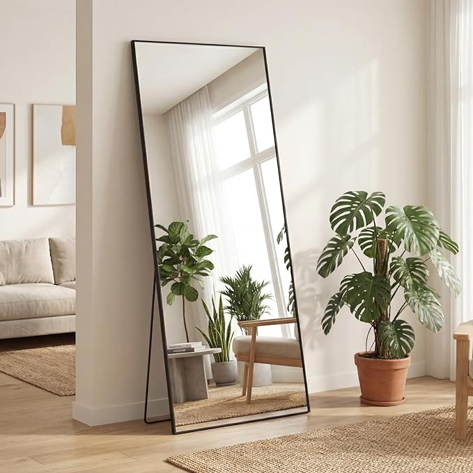 DUMOS Full Length Mirror with Stand 56"x21" Floor Standing Aluminum Frame for Bedroom Body Hanging Leaning Modern Simple Home Decor Shatter-proorf Nano Glass Wall Living Room Cloakroom, Black