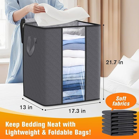 Clothes Storage Bags, 8-Pack Comforter Blanket Organizers, 80L Large Capacity Containers with Visual Window for Clothing, Quilt, Sheet, Pillow, Closet Organization for Bedding (Grey)