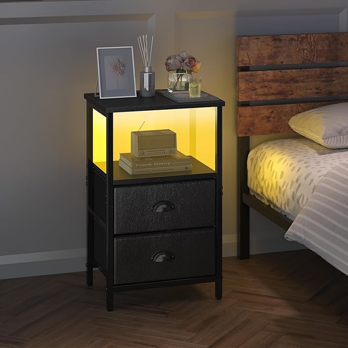 Nightstand with Charging Station, Night Stand with 2 Fabric Drawers PU Finish, Bedside Table End Table with LED Light, 3-Tier Storage Side Table Nightstand with Drawers for Bedroom,Black
